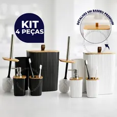 Kit 4 Peças Banheiro Luxo Quadrado Lixeira C/Tampa em Bambu e Puxador de Couro