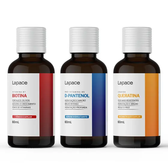 Kit Capilar 3 Serum Biotina + D-Pantenol + Queratina 60ml Lapace Nutrição Hidratação Fortalecimento
