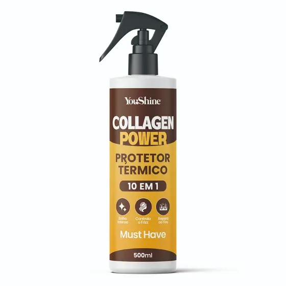 Protetor Térmico Collagen Power 10 em 1 Spray 500mL YouShine Defrizante Finalizador Capilar