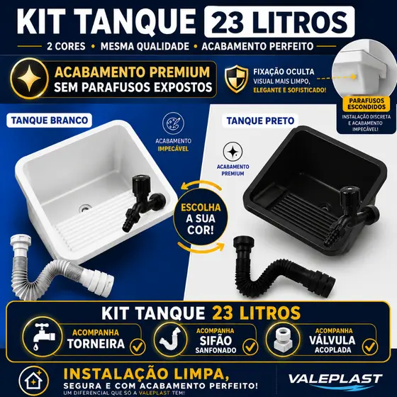 Tanque Plástico 23 Litros Lavar Roupas Lavanderia Kit Instalação Completo Torneira Válvula Acoplada Sifão Bucha Parafuso