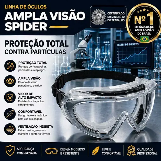 Óculos de Segurança Ampla Visão Spider Sobre Óculos EPI Incolor Policarbonato Com Elástico CA Antirisco UV Anti Impacto