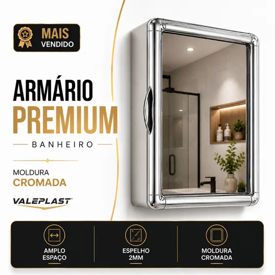 Armário Banheiro Plástico Espelheira Espelho Vidro 2mm Moldura Cromada Branco Preto Sobrepor Embutir Parafusos e Buchas