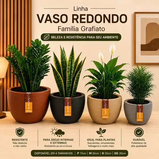 Vaso Grande Polietileno Decorativo Cachepot para Plantas Jardim Sala Varanda Área Interna Externa Redondo Grafiato