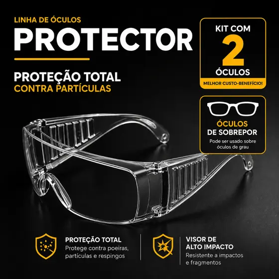Óculos de Proteção Sobrepor Óculos de Grau Protector EPI CA 40186 Incolor Antiembaçante Proteção UV Ampla Visão