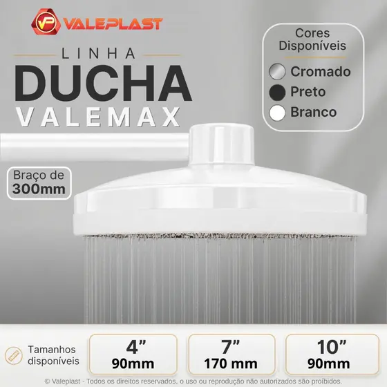 Ducha Fria Valemax 10' Polegadas 225mm Piscina Quintal Praia Chuveirão Água Externa Chuveiro Jardim Branca Preta Cromada