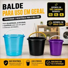 Balde Plástico 12 Litros Reforçado Multiuso Construção Limpeza Doméstico Graduação Interna Alça Reforçada