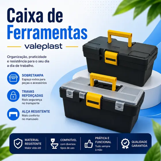 Caixa de Ferramentas Plástica Organizadora Reforçada Multiuso Maleta com Bandeja Preta para Ferramentas