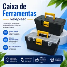Caixa de Ferramentas Plástica Organizadora Reforçada Multiuso Maleta com Bandeja Preta para Ferramentas