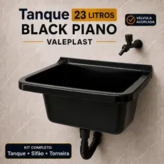 Tanque Lavanderia 23 Litros Plástico Completo Válvula Acoplada Área Lavar Roupas Torneira Sifão Black Piano
