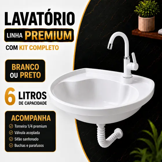 Lavatório Completo Plástico 6L Lavatório Pia Cuba Plástico Torneira Sifão Válvula Acoplada Bucha Parafuso Banheiro