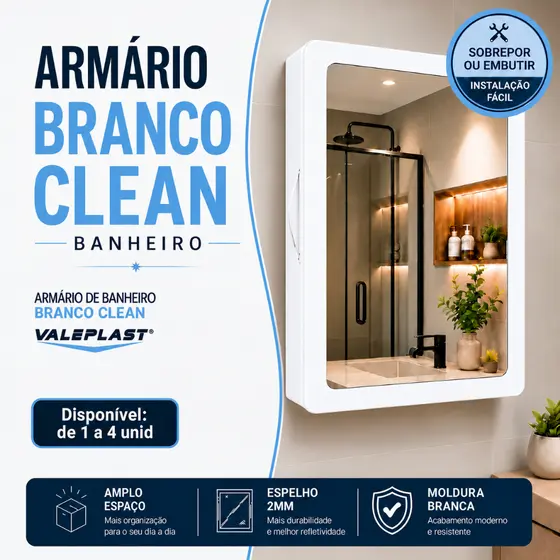 Armário Plástico Espelho 2mm para Banheiro I Vidro Espelheira Sobrepor ou Embutir Moldura Buchas Parafusos Branco Clean