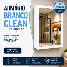 Armário Plástico Espelho 2mm para Banheiro I Vidro Espelheira Sobrepor ou Embutir Moldura Buchas Parafusos Branco Clean