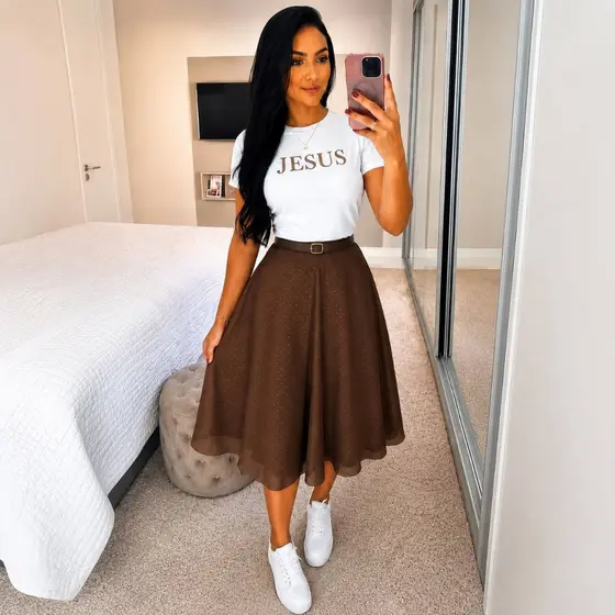 Saia de Tule Midi Godê Moda Evangélica Feminina Acompanha o Cinto
