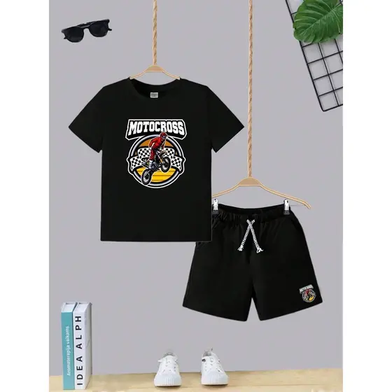 Kit Conjunto Infantil Short Com Bolso e Camiseta Algodão Motocross 2 Musica Moda Teen Kids Juvenil