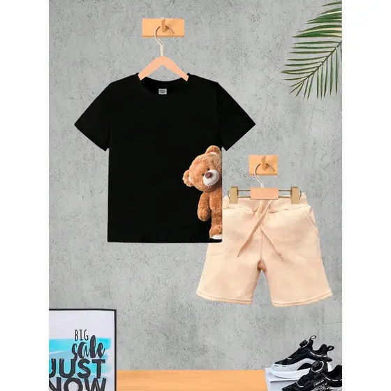 Conjunto Infantil Safari Urso Lado Menino Camiseta e Bermuda Roupa Criança Masculino Verão