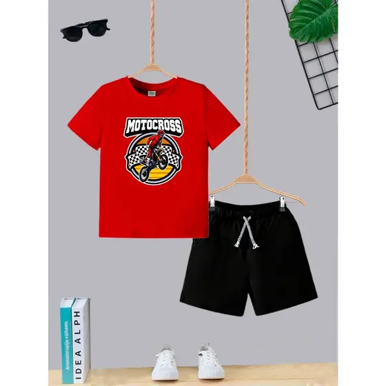Kit Camiseta + Short Com Bolso Conjunto Infantil Motocross Trilha Moda Teen Kids