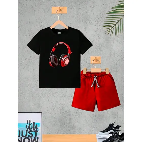 Conjunto Infantil Vermelho Fone Vermelho Menino Camiseta e Bermuda Roupa Criança Masculino Verão