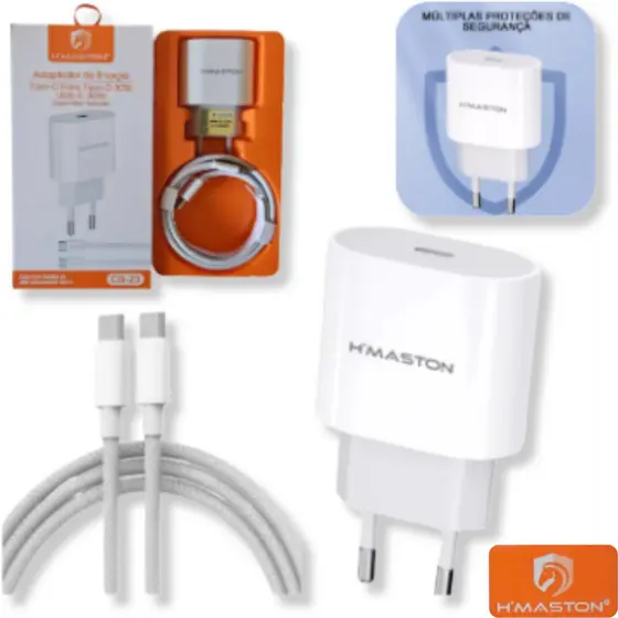Carregador H'Maston CB23 para iPhone 15 16 - Turbo Tipo-C 30W + Cabo Tipo-C para Tipo-C - Android Ios