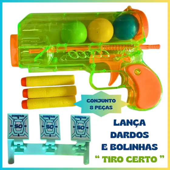 Pistola Arminha Lança Dardos e Bolinhas Arma de Brinquedo Menino Tiro Certo Conjunto com Acessórios