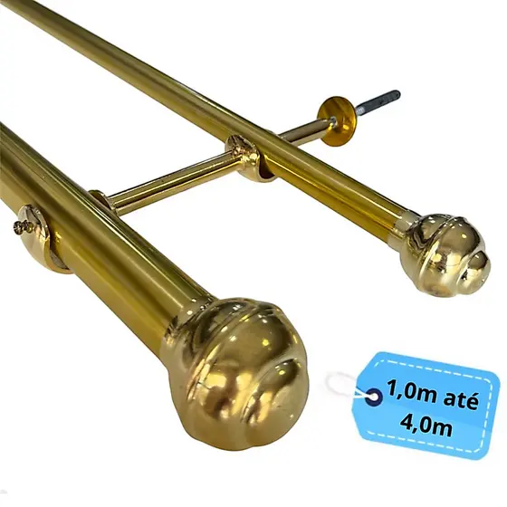 Kit Varão Dourado Aluminio Duplo Alongado 19/28mm Cortina Ilhós Argola Parede - 1,0m á 4,0m