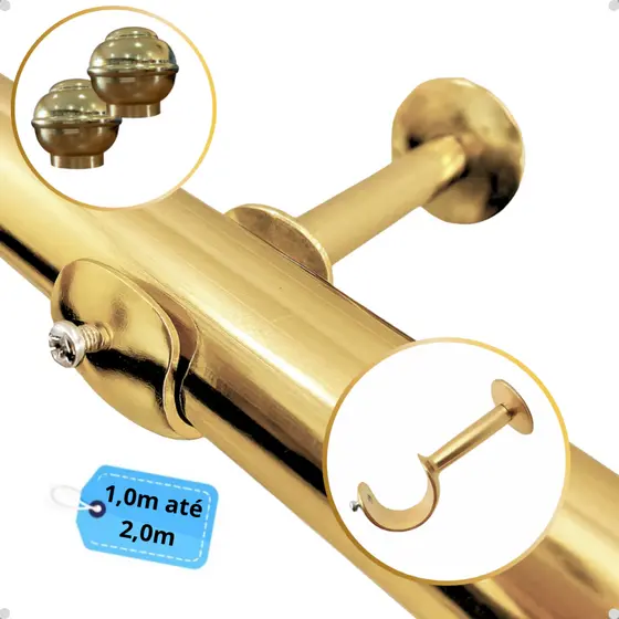 Kit Varão Dourado Aluminio Simples Comum 28mm Cortina Ilhós Argola Parede - 1,0m á 2,0m