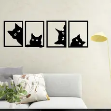 Kit 4 Quadro Vazado Gato Preto Cat Decorativo mdf Escultura de Parede Casa Sala Quarto pet