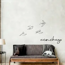 Escultura 4 passaros minimalista vazado + frase de parede aconchego mdf decorativo