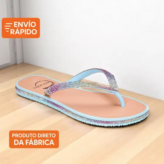 Chinelo Rasteirinha Feminina Strass Pedraria Delicada Brilho Bico Redondo Azul Bicolor
