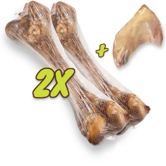 Kit 2 Osso Petisco Pet Fêmur Desidratado 100% Natural Defumado + Orelha