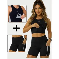 Conjunto Fitness Feminino Top Com Bolso e Short Cós Alto Com Bolso e Compressão CrossFit Academia