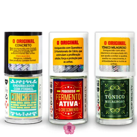 Kit 3 Bases Concreto + Fermento + Tônico Sos Unhas Top Beauty