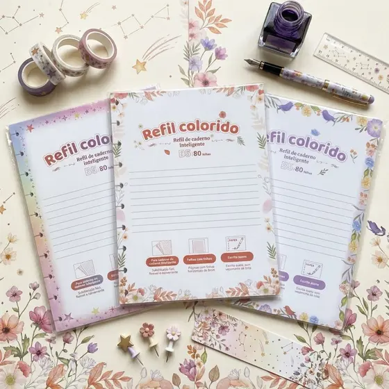 Refil A4 e B5 80 Folhas Pautadas Floral e Estrelas Delicado para Caderno Inteligente 11 e 10 Discos