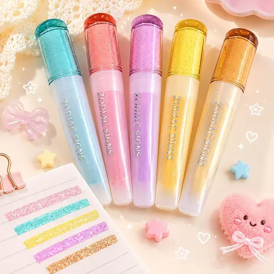 Marca Texto com Glitter Zodiac Signs Candy Colors Escolar Kawaii Fofo