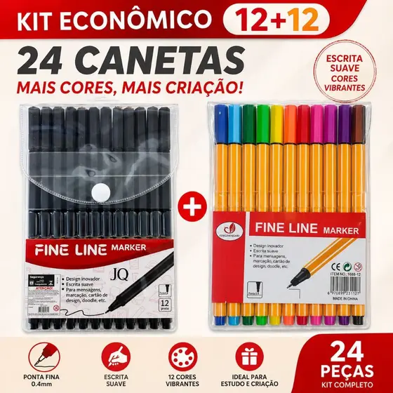 Kit Canetas Fine Line Coloridas 12/24/36/48 Cores + 12 Pretas Ponta Fina 0.4mm Desenho e Estudo