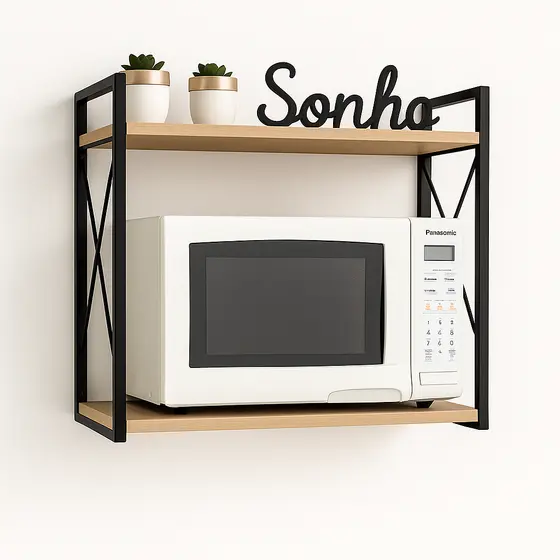 Suporte Micro-ondas Industrial Parede Ferro Madeira Reforçado Prateleira Cozinha Gourmet