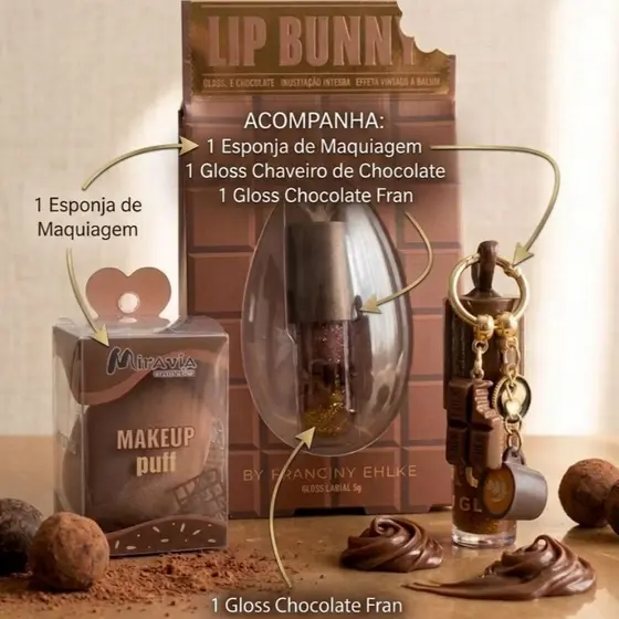 Kit Gloss Chocolate  + Gloss Chaveiro + Esponja Maquiagem Lip Gloss Brilho Hidratante