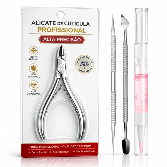 Kit Manicure Alicate De Cutícula Espátula Dupla Palito Duplo Aço Inox Caneta Hidratante