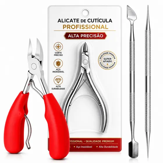 Kit Profissional Inox Alicate Curvo Mola Dupla Cutícula Gel Palito Espátula Unhas Fortes