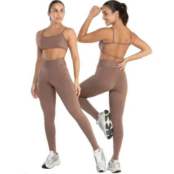 Conjunto Fitness Gringa Feminino Bravaa Academia Calça Legging Zero Transparência Top Decote 080+124
