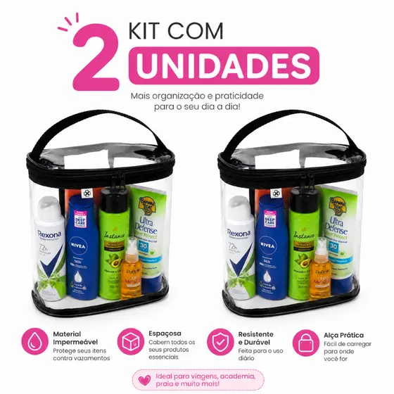 Kit Viagem com 2 Necessaires Porta Shampoo Transparente Ideal para Praia, Avião e Mala