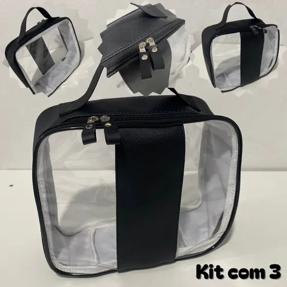 Kit com 3 Necessaire Transparente Feminina Maquiagem Viagem Praia Cor Preto
