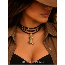 Kit Colar e Brinco Country  | Colar Choker Camurça Rodeio Sertanejo Boho Feminino