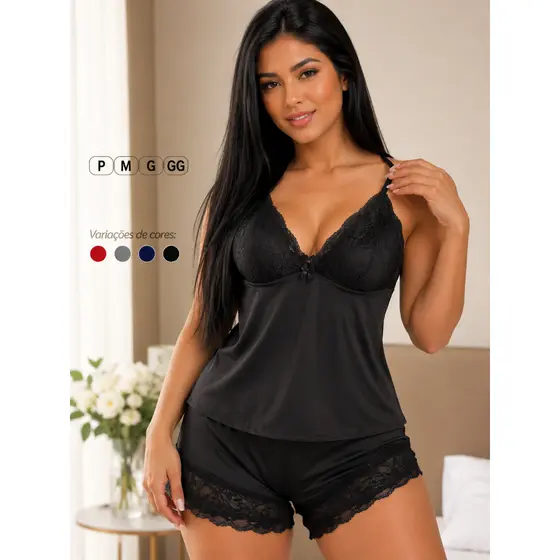 Baby Doll Feminino com Renda Pijama Curto Alcinha Regulável Liganete Confortável Premium