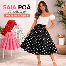 SAIA DE BOLINHA MIDI ANOS 60 RETRÔ FEMININO VINTAGE RODADA ELEGANTE POÁ SOCIAL CASUAL