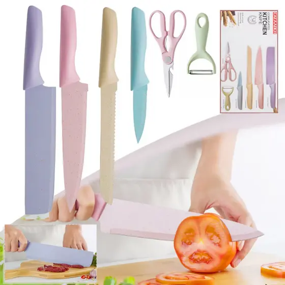 Jogo de Facas 6 Pecas Aco Inoxidavel Alta Resistencia Kit Faca Colorido Cores Pasteis Utilidades Domesticas Cozinha