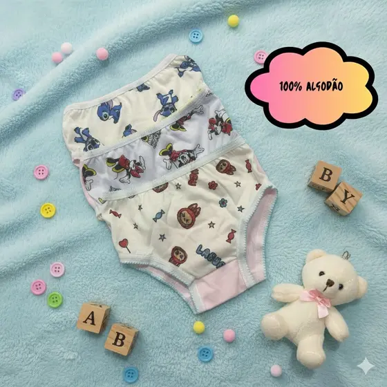 Kit 20 Calcinha Infantil de Algodão com Forro (ESTAMPAS ALEATÓRIAS)