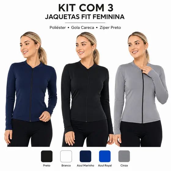 Kit 3 Casaco Dryfit Casaquinho Proteção Solar Zíper Slim Blusa Térmica Treino Academia Feminina