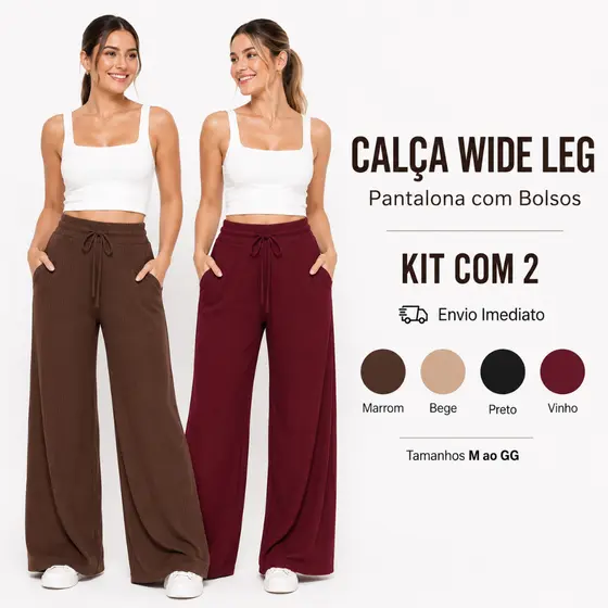Kit 2 Calça Wide Leg Canelada Lisa Feminino Pantalona Com Bolsos Cintura Alta Cordão Confortável