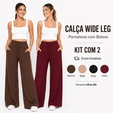 Kit 2 Calça Wide Leg Canelada Lisa Feminino Pantalona Com Bolsos Cintura Alta Cordão Confortável