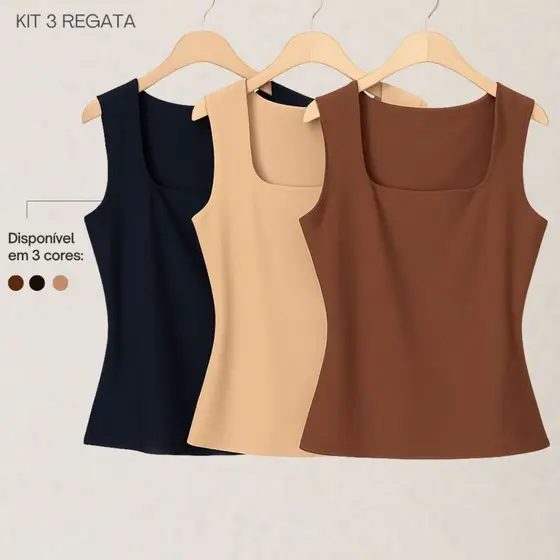 Kit 3 Regata Blusa Decote Quadrado Reta Tendencia Suplex Premium Liso Verão Moda Gringa